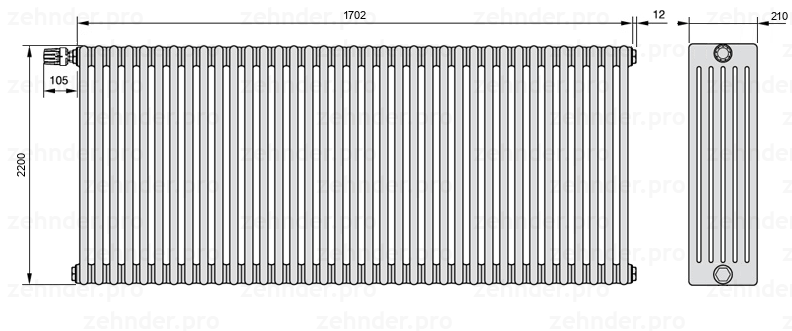 Схема (чертеж) Радиатор Zehnder Charleston 6220/37 №V011 Белый глянцевый RAL 9016